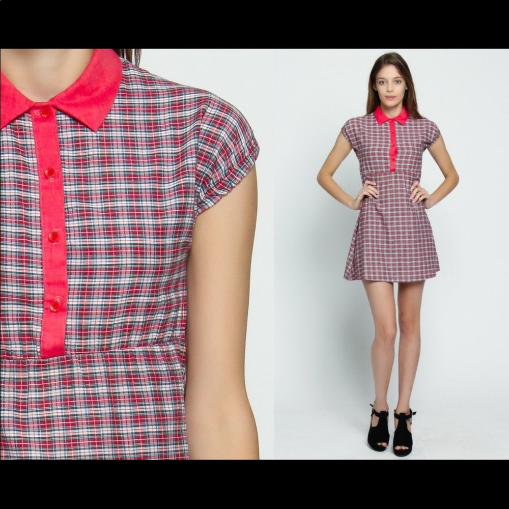 Babydoll Mini Dress 60s PETER PAN Collar Mod Empire Waist Plaid Red Vintage xs